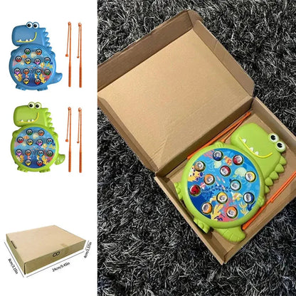 Dinosaur magnetic fishing toy in open box with blue board, orange rods, and fish pieces