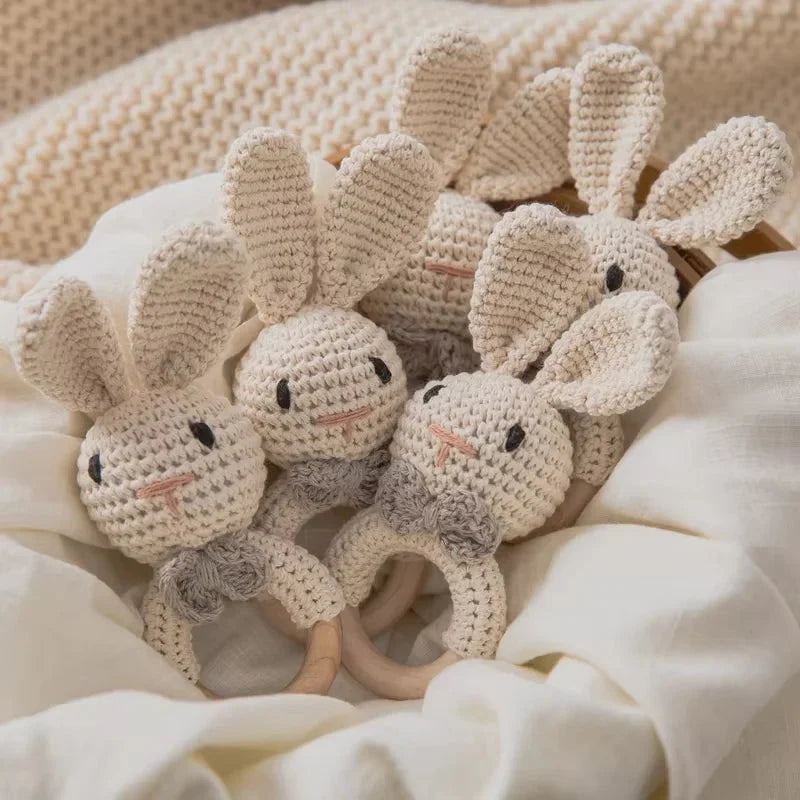 Baby Crochet Rattle & Wooden Teether Toy – BPA Free | Soft Animal Design | Giraffe, Bunny, Lion & More | Newborn Baby Shower Gift