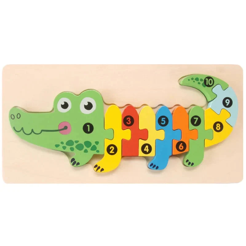 Green crocodile-style wooden jigsaw board with numbered pieces assembled
