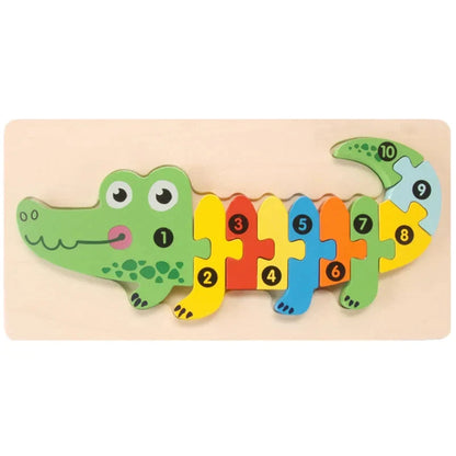 Green crocodile-style wooden jigsaw board with numbered pieces assembled