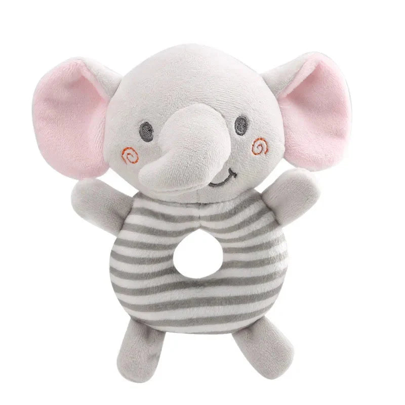 Gray elephant plush ring rattle toy with pink ears and striped belly, centered