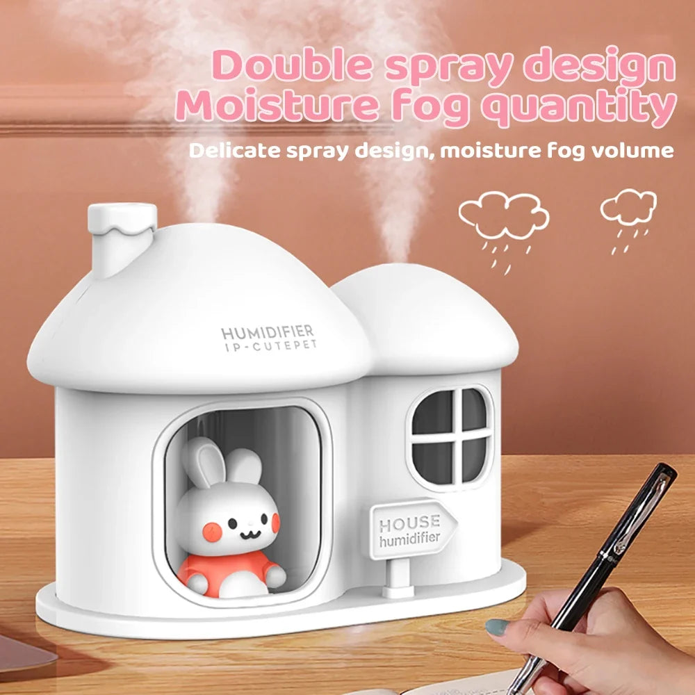 Kawaii Bunny House Humidifier Night Light – 7-Colour LED Cute Desktop Humidifier | Pink & White