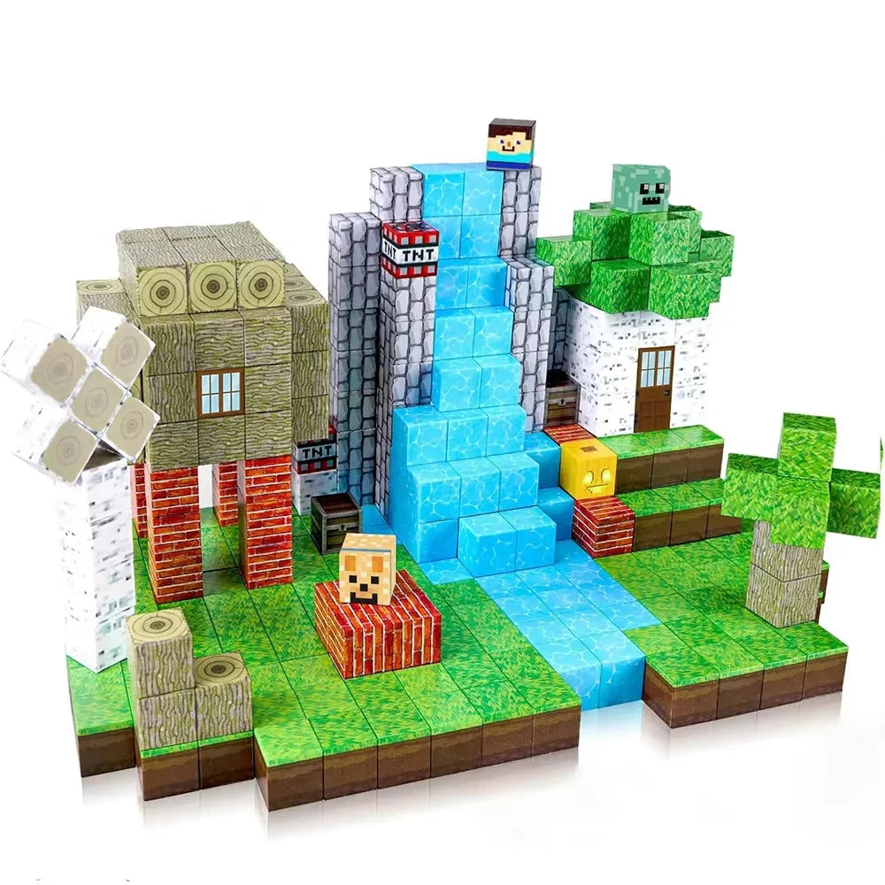 Magnetic building blocks set with colorful cube houses, character faces, and stair towers