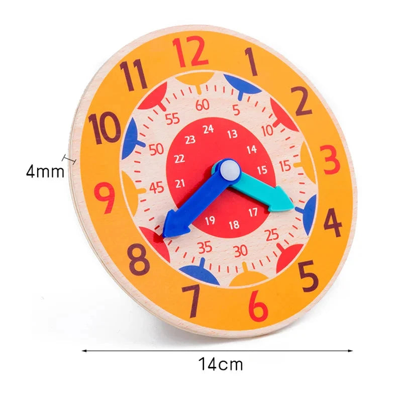 Orange Montessori wooden learning clock with blue hands, labeled numbers, and 14 cm width