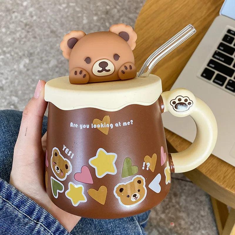 Teddy bear mug with lid and straw, brown cup with colorful star stickers and bear icons