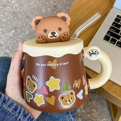 Teddy bear mug with lid and straw, brown cup with colorful star stickers and bear icons