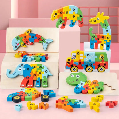 Set of colorful numbered wooden animal and vehicle jigsaw puzzles on boards