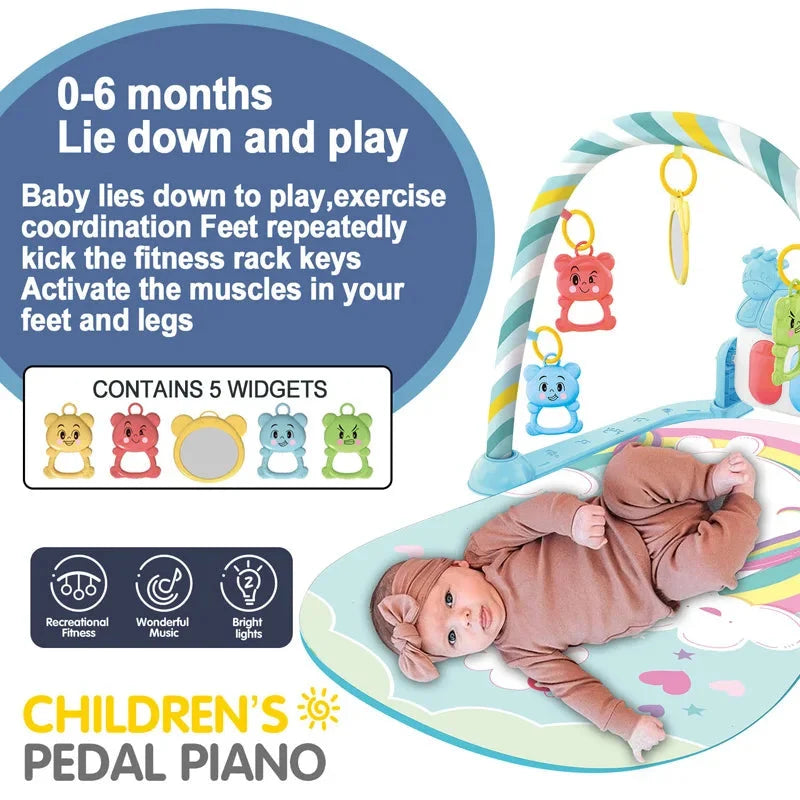 Baby Play Gym with Music & Piano Mat – Kick-Activated Piano | Hanging Toys | Tummy Time Mat | 0–36 Months | Baby Shower Gift