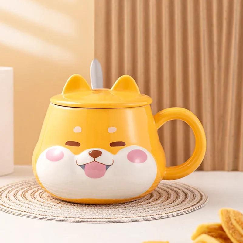 Yellow Shiba Inu mug with lid and handle, cartoon dog face on front.
