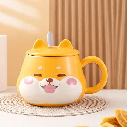 Yellow Shiba Inu mug with lid and handle, cartoon dog face on front.