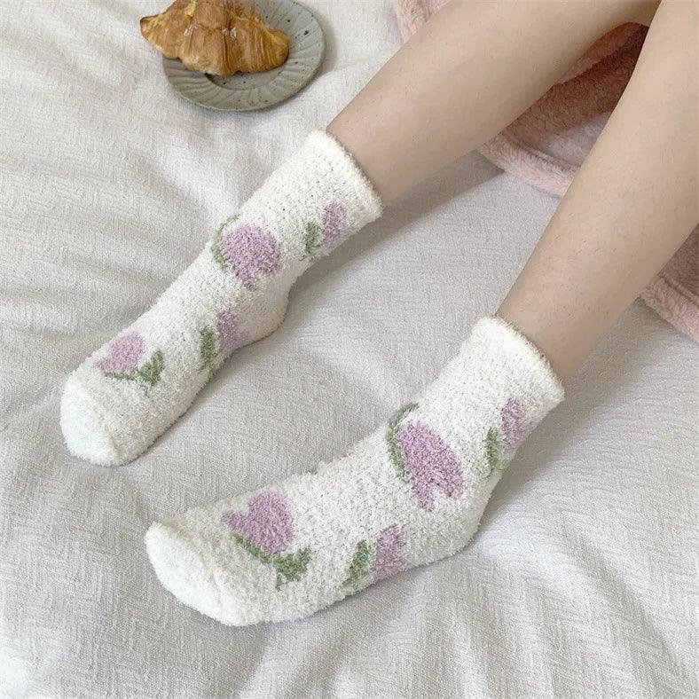 Plush sleeping socks, white with purple and green berry-style prints