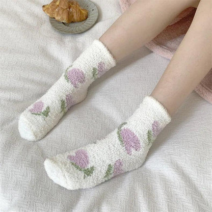 Plush sleeping socks, white with purple and green berry-style prints