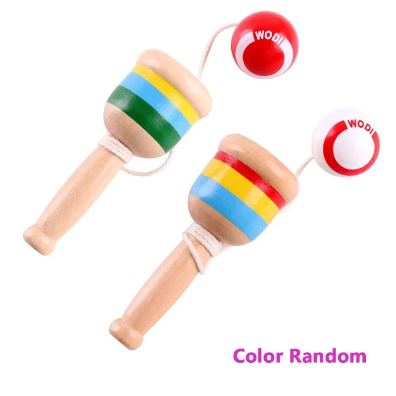 Two wooden skill cup throw-and-catch toys with striped cups and red throw balls