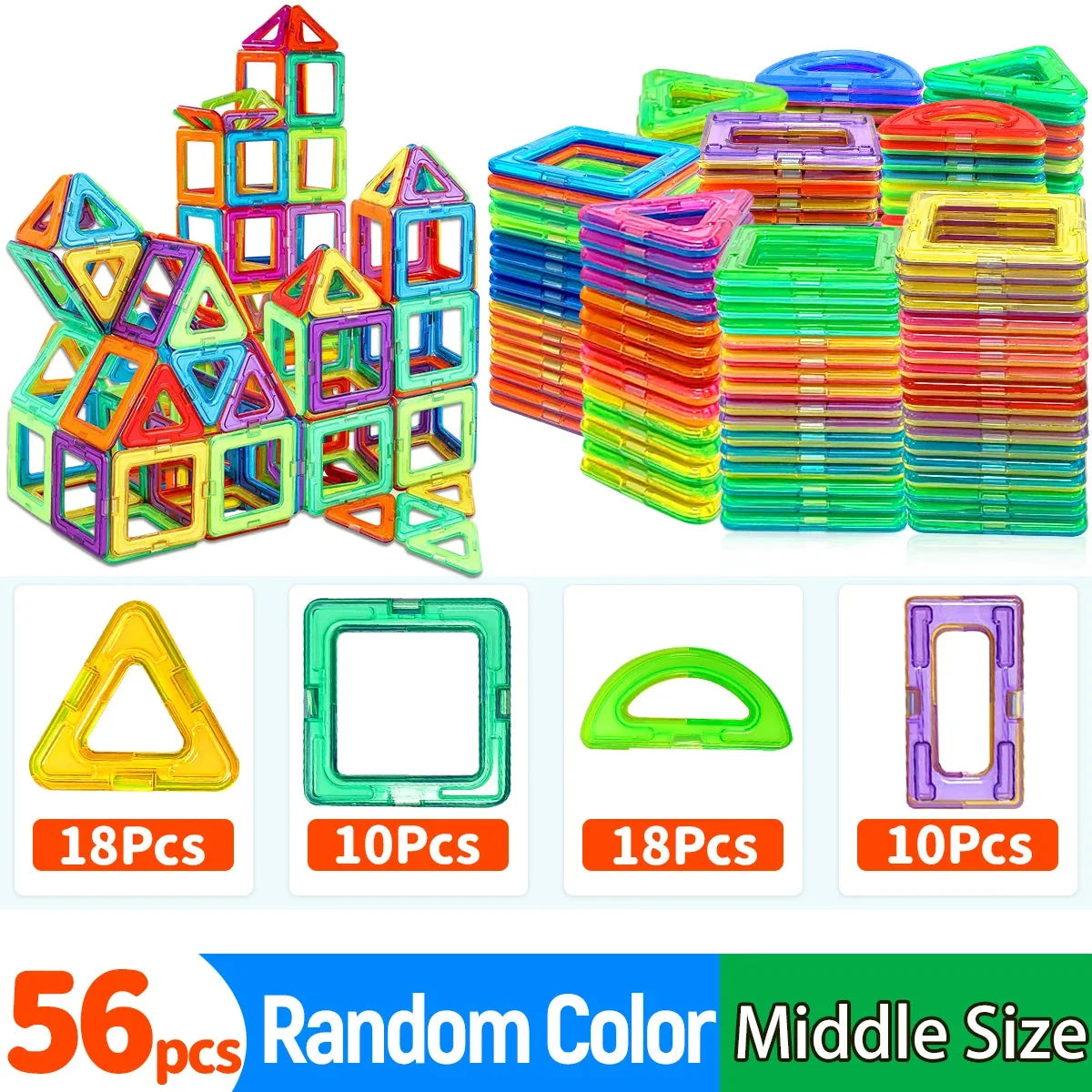 Colorful magnetic building blocks set with a tall house-like stack and large stacked pile