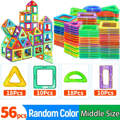 Colorful magnetic building blocks set with a tall house-like stack and large stacked pile