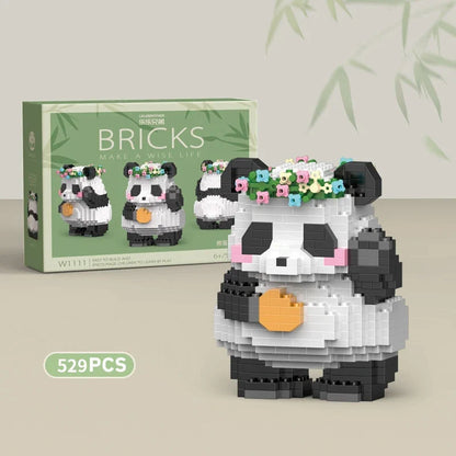 Panda building block figure with colorful flower decorations, black-and-white with pink nose