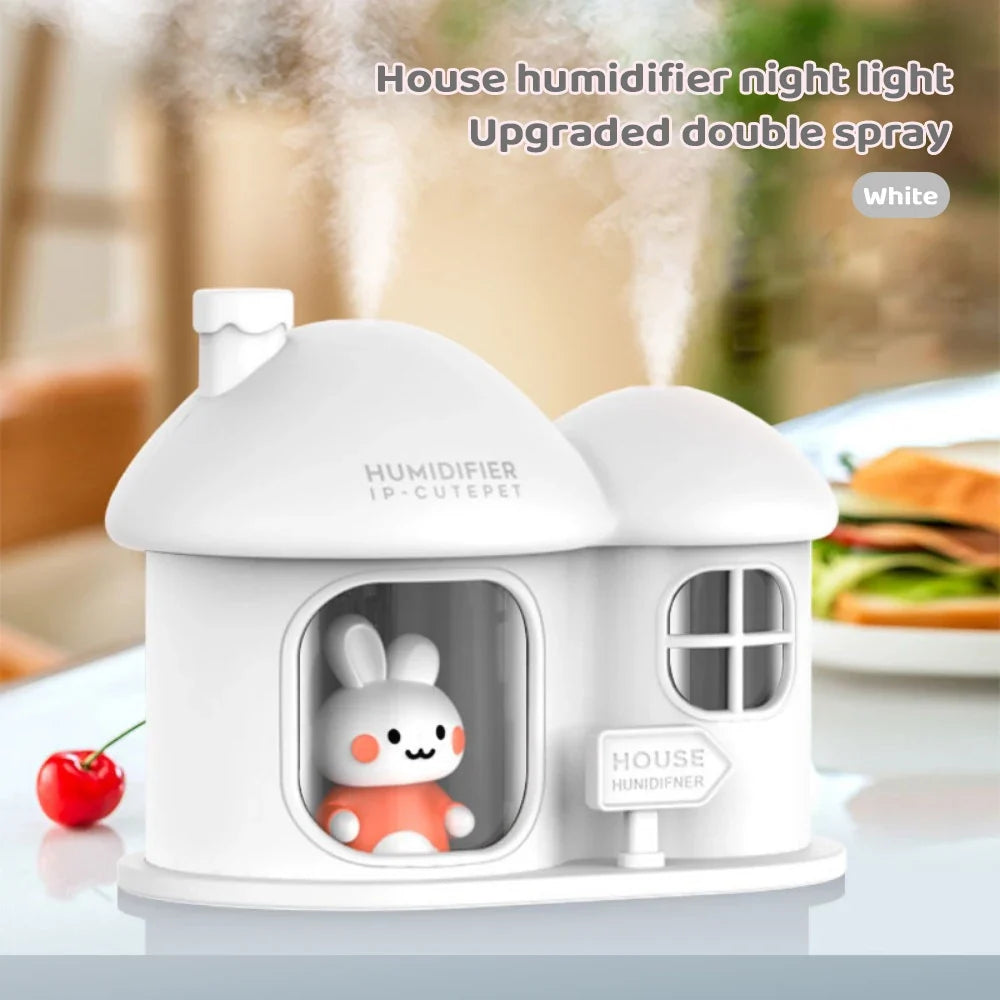 Kawaii Bunny House Humidifier Night Light – 7-Colour LED Cute Desktop Humidifier | Pink & White