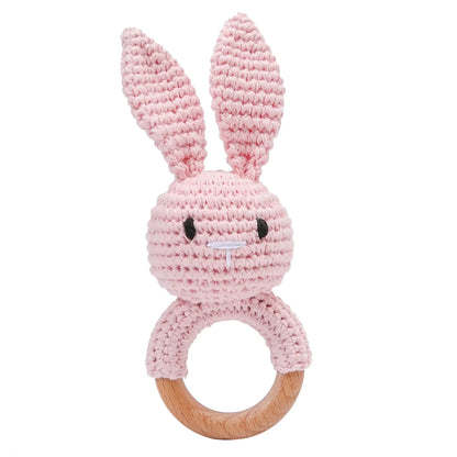 Baby Crochet Rattle & Wooden Teether Toy – BPA Free | Soft Animal Design | Giraffe, Bunny, Lion & More | Newborn Baby Shower Gift