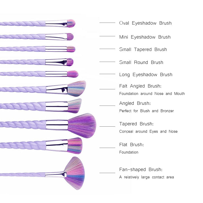 Assorted makeup brushes with lavender spiral handles and various brush head shapes