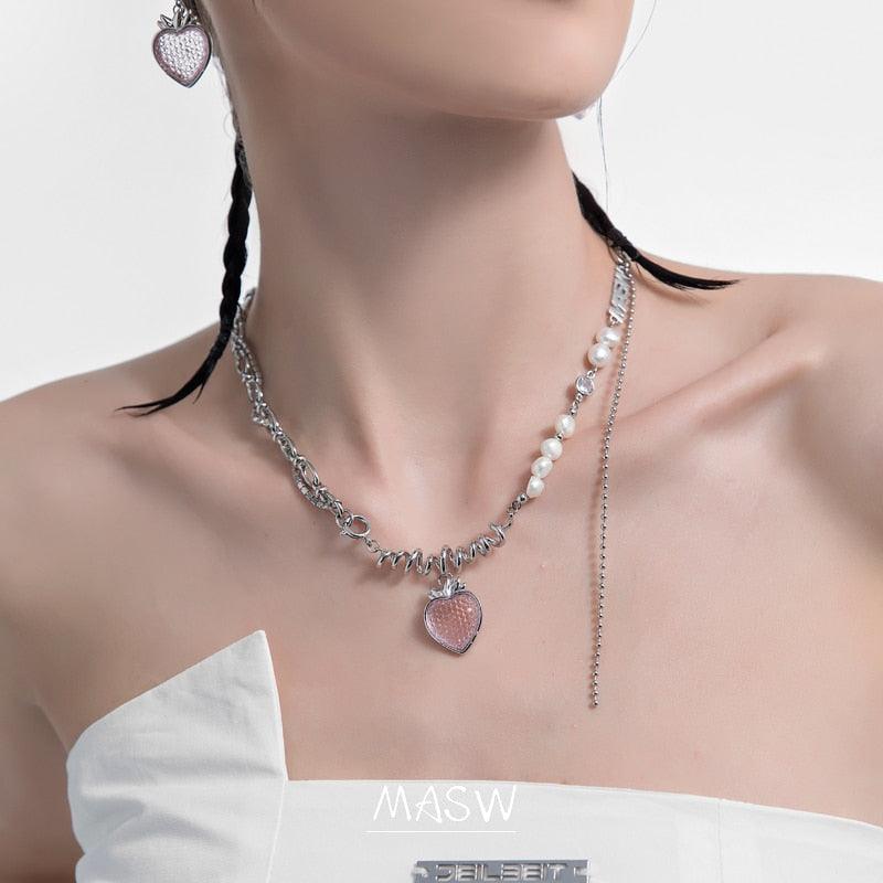 Pink heart strawberry charm on silver chain with pearl-like beads and long drop
