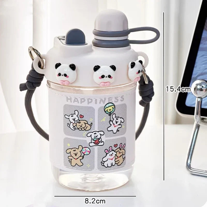 White animal water bottle with straw, carry strap, and panda cartoon design