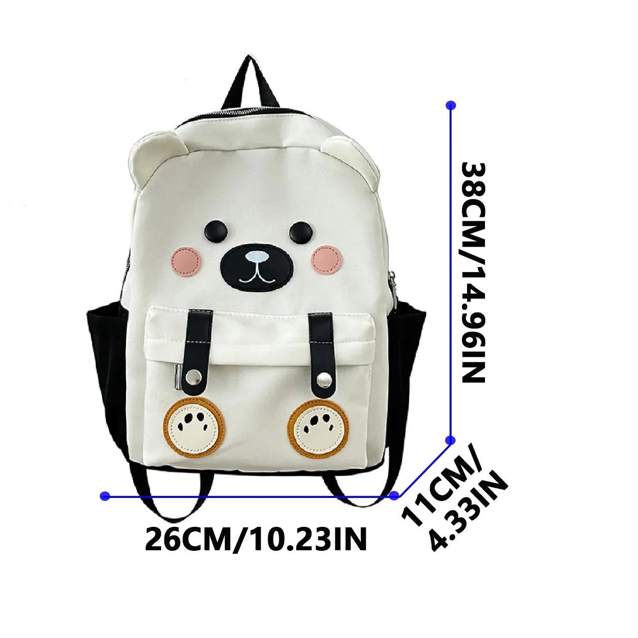 White cute bear backpack with size diagram showing marked height and width