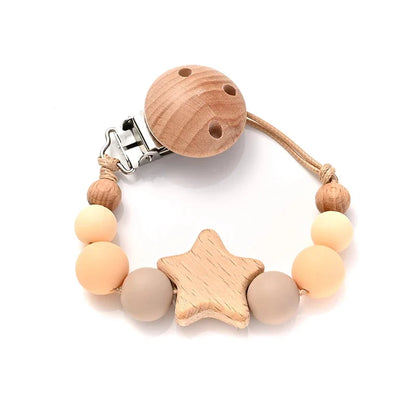 Baby pacifier clip teether chain with wooden star and peach silicone bead ring