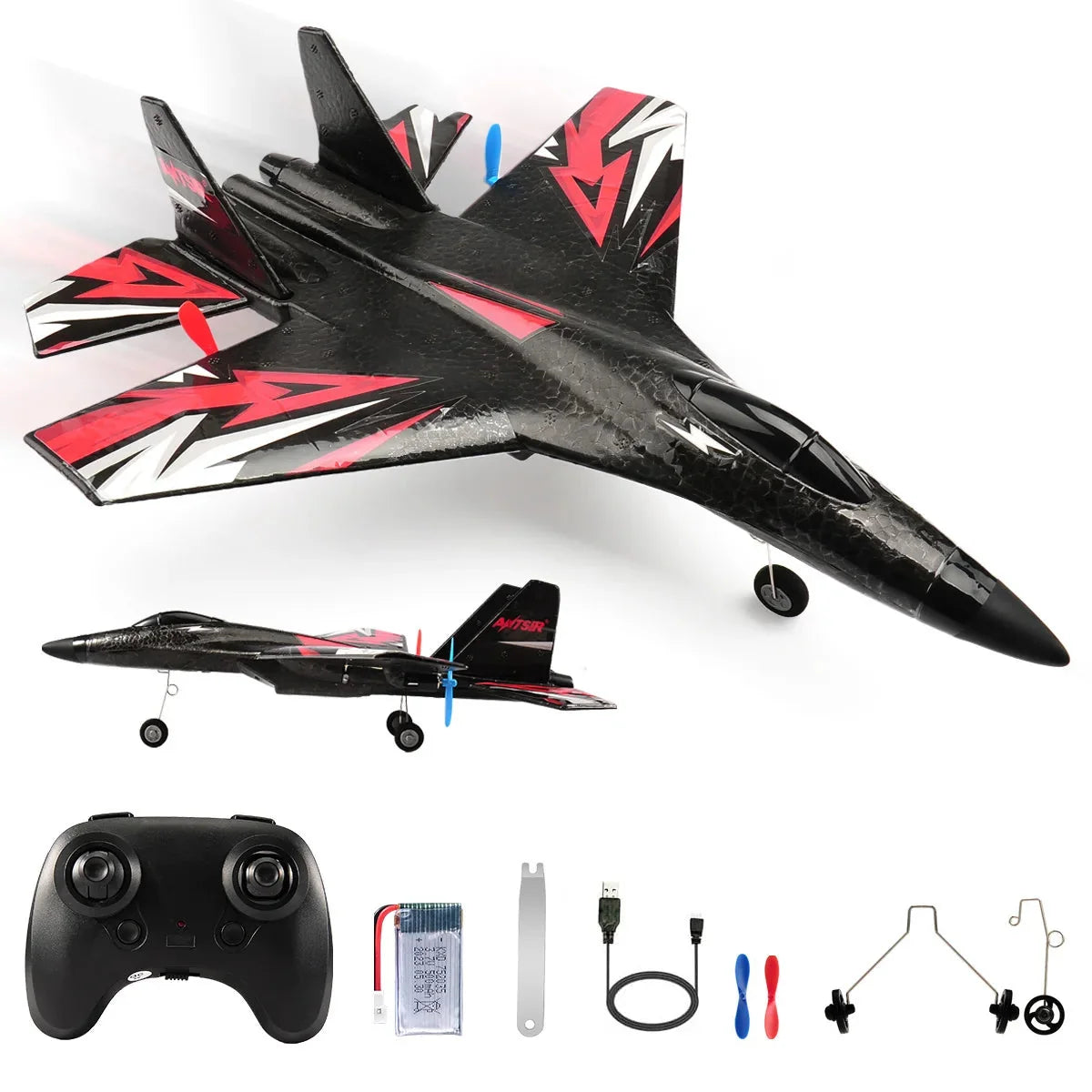 Black and red RC foam jet aircraft with remote controller and accessory parts