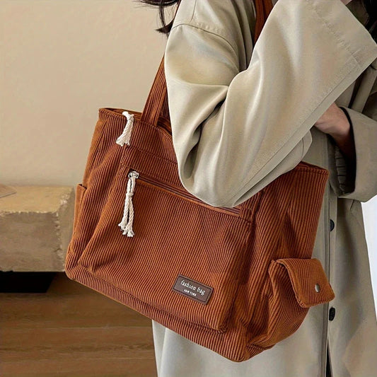 Corduroy tote bag, rust orange with front zipper pocket and side organizer pouch