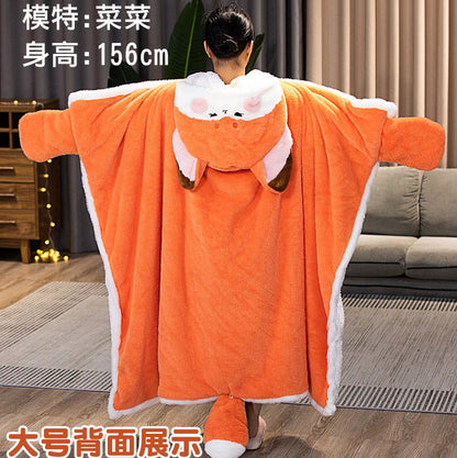 Orange fox blanket hoodie with fox-ear hood and long white-trimmed blanket sleeves