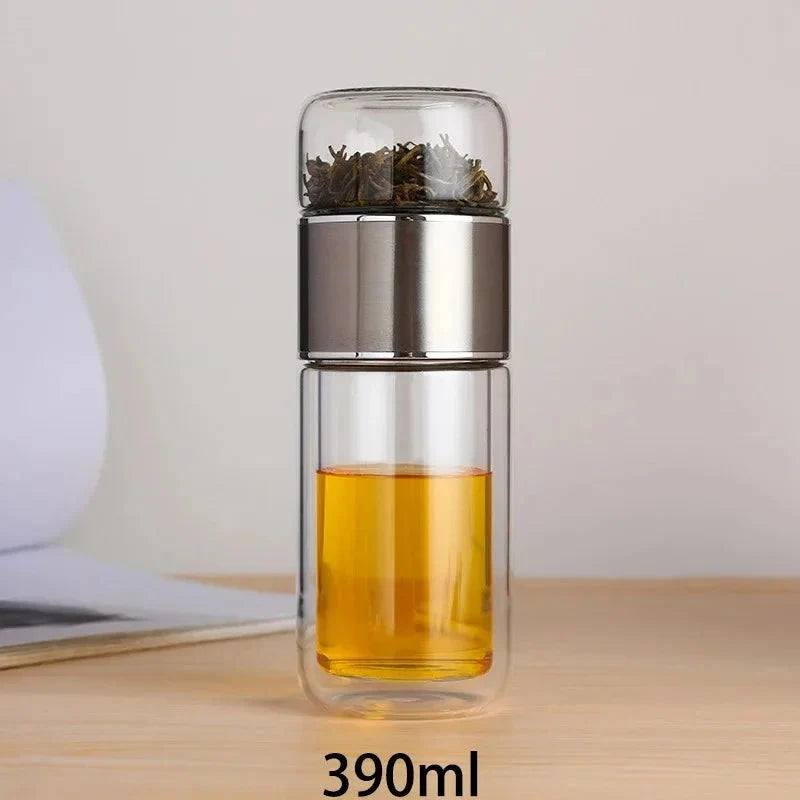 Clear double-compartment storage bottle with silver bands, yellow contents