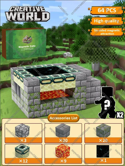 Gray and green magnetic cube blocks forming a small mine house model