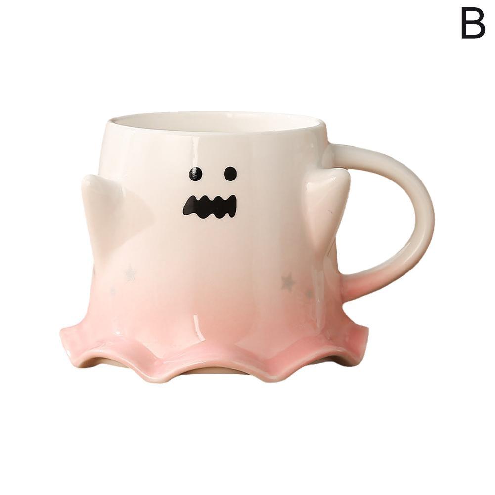 Ghost face mug with wavy mouth and pale pink base, front view with handle