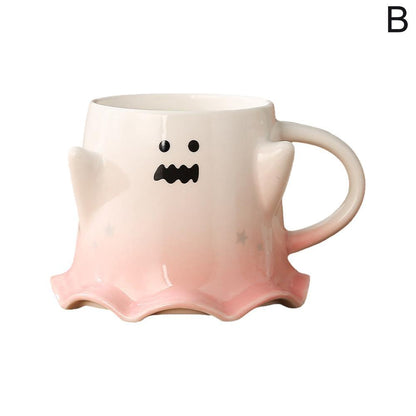 Ghost face mug with wavy mouth and pale pink base, front view with handle