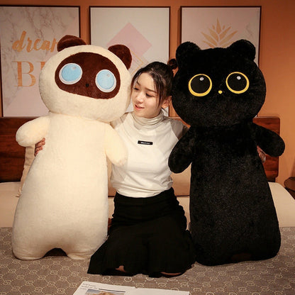 Cat plush body pillow with large black and white cat faces