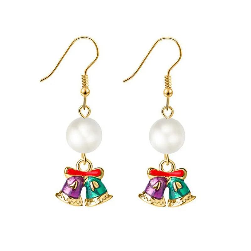 White round ball drop earrings with multicolor bow charms and gold hooks