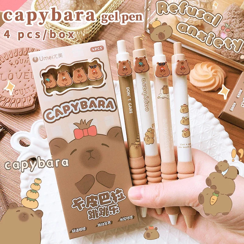 Capybara gel pens, 4-pack, beige and brown barrels in retail package