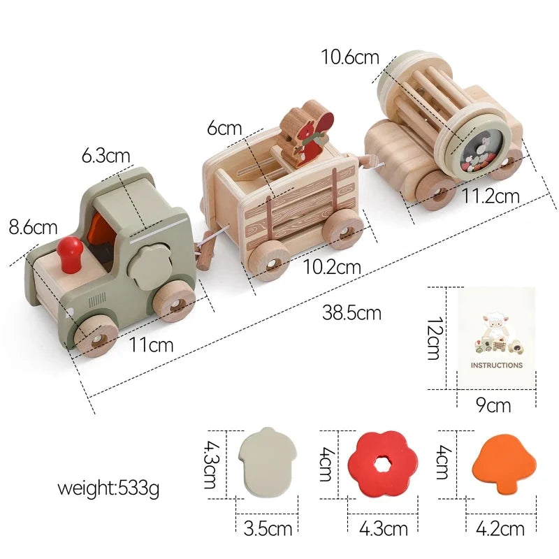 Montessori Wooden Vehicle Toys – Pull-Along Animal Train, Peg Doll Bus, Bead Aircraft & More | Natural Wood | Toddler Birthday Gift