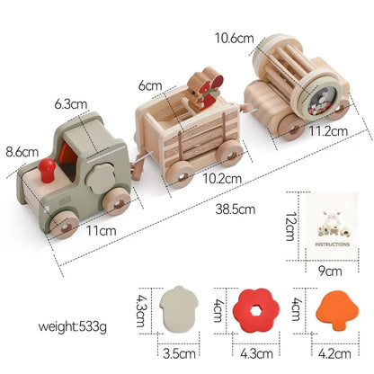 Montessori Wooden Vehicle Toys – Pull-Along Animal Train, Peg Doll Bus, Bead Aircraft & More | Natural Wood | Toddler Birthday Gift