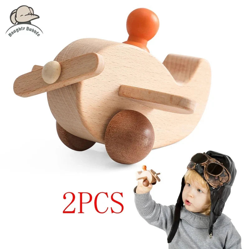 Montessori Wooden Vehicle Toys – Pull-Along Animal Train, Peg Doll Bus, Bead Aircraft & More | Natural Wood | Toddler Birthday Gift