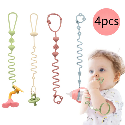 4-piece silicone pacifier and teether chain set with pastel clips, assorted colors
