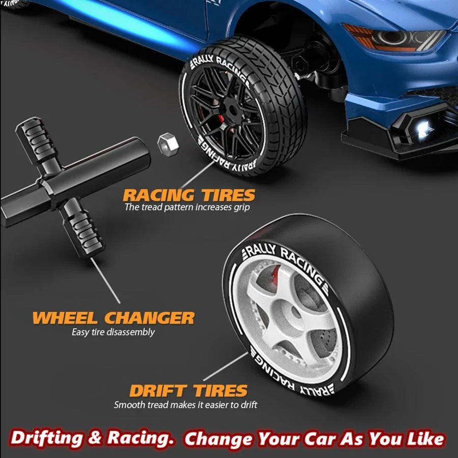 RC drift tires and wheel changer tool set with spare tire treads and wheel parts