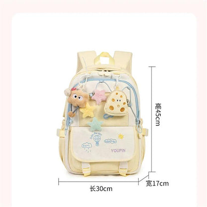 Kids backpack in cream with colorful cloud and hot-air-balloon prints, plush charm