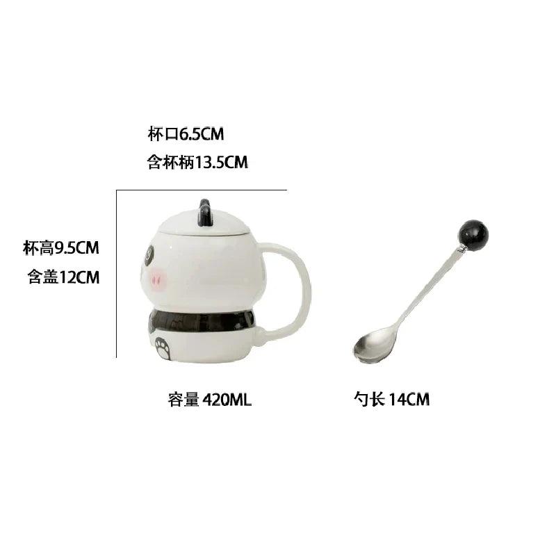 Ceramic panda mug with lid and spoon, 420 ml capacity; spoon length 14 cm