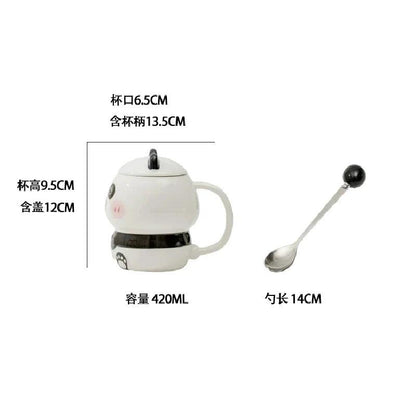 Ceramic panda mug with lid and spoon, 420 ml capacity; spoon length 14 cm