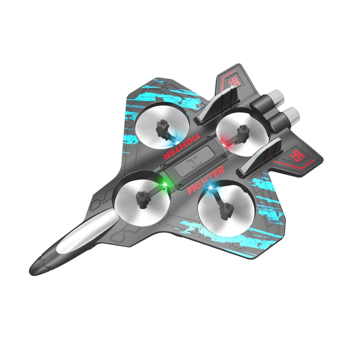 RC stunt foam fighter jet with blue-and-black graphics and LED lights