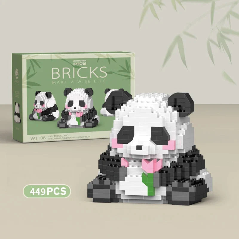 Panda building block set box and assembled panda figurine with pink heart and green leaf