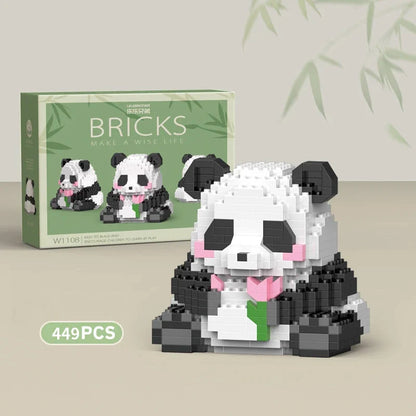 Panda building block set box and assembled panda figurine with pink heart and green leaf