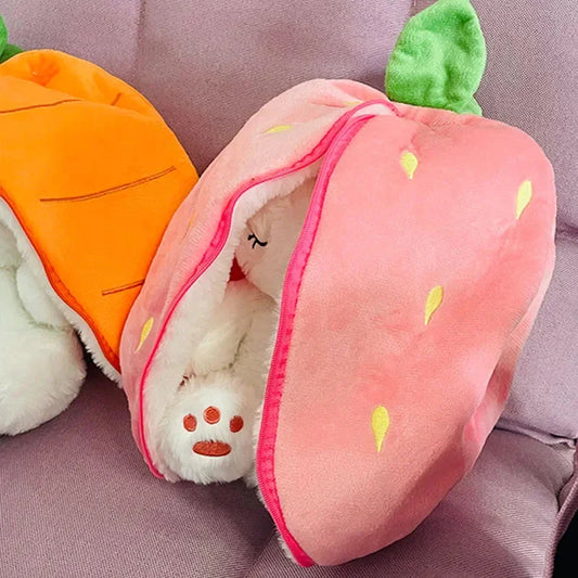 Luminous breathing bunny plush doll with pink hood and long ear covers, lying on couch