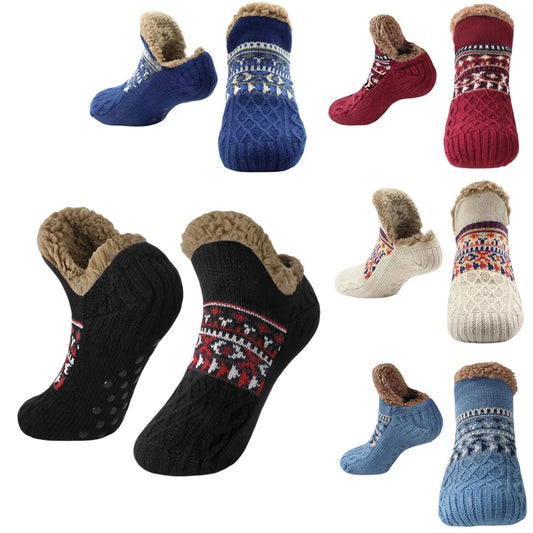 Thermal fluffy slipper socks set in blue and red with knit patterns and fuzzy lining
